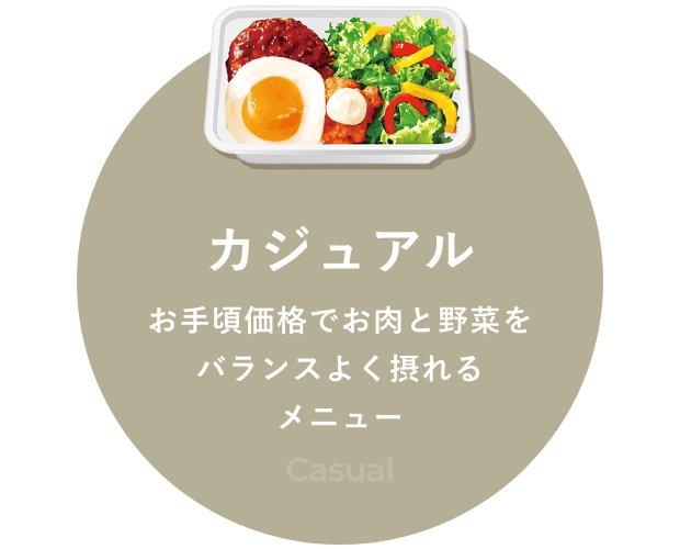 カジュアル。お手頃価格でお肉と野菜をバランスよく摂れるメニュー