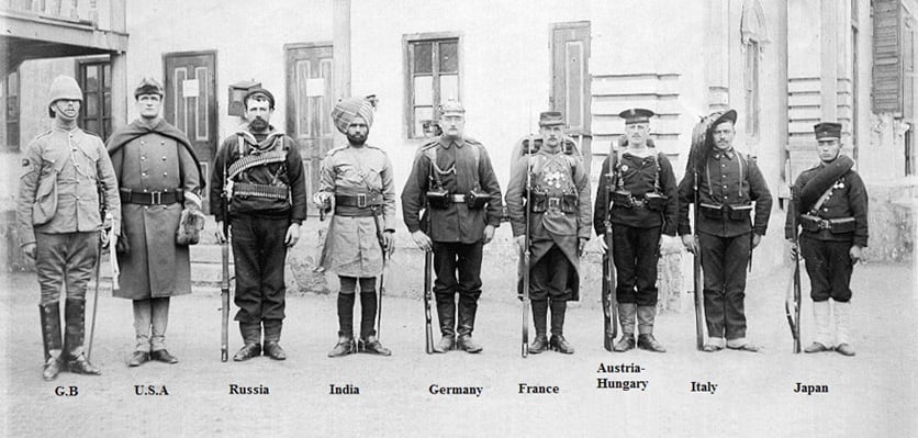 picture:Military uniform at that time British, American, Russian, Indian, German, French, Austria Hungary, Italian, Japanese