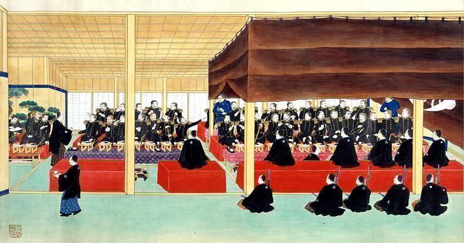 图片:描绘了嘉永7年(1854年)佩里再次率领舰队来到日本时,幕府设席飨宴的情形。