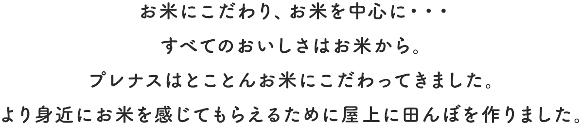 お米にこだわり、お米を中心に・・・すべてのおいしさはお米から。プレナスはとことんお米にこだわってきました。より身近にお米を感じてもらえるために屋上に田んぼを作りました。