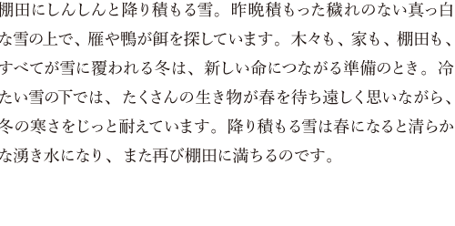 棚田にしんしんと降り積もる雪。昨晩積もった穢れのない真っ白な雪の上で、雁や鴨が餌を探しています。木々も、家も、棚田も、すべてが雪に覆われる冬は、新しい命につながる準備のとき。冷たい雪の下では、たくさんの生き物が春を待ち遠しく思いながら、冬の寒さをじっと耐えています。降り積もる雪は春になると清らかな湧き水になり、また再び棚田に満ちるのです。